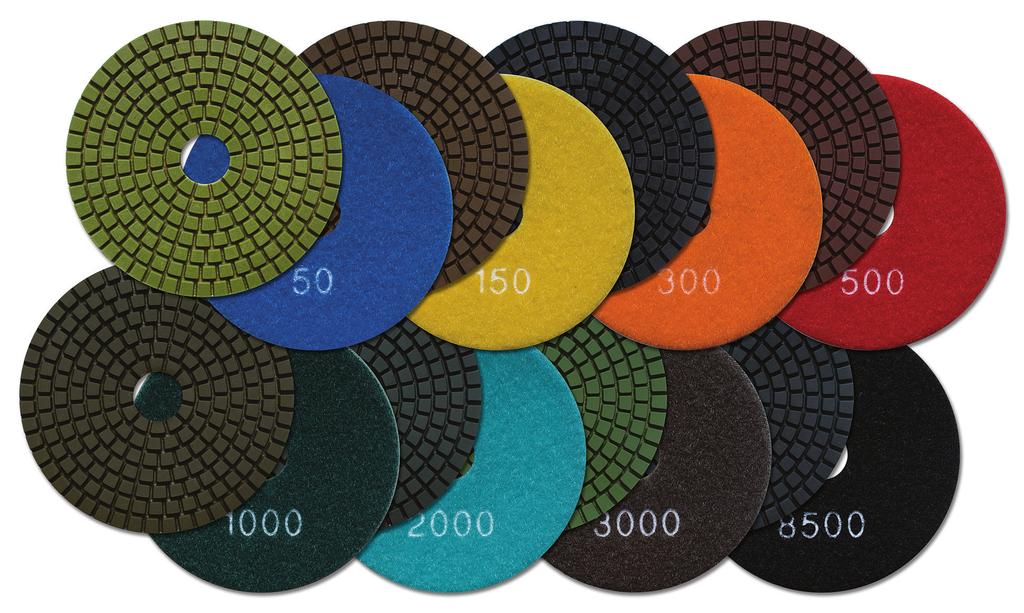 CONCRETE MASONRY LAPIDARY STONE POLISHING DISCS (WET) Resin Bond Polishing Discs TROUBLESHOOTING METAL FLOOR PREP CORING Flexible, Velcro backed polishing discs have been designed to achieve a