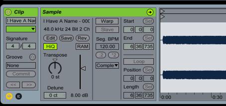 Bass Guitar The original track was really quiet, so I used Ableton's clip properties dialog box and brought it up by 8 db.