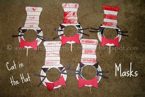 Cat in the Hat Mask Paper plates Red and white construction paper Hat template (provided) Card stock Craft sticks Red and black markers or crayons Glue, tape and scissors Tape Cut the center of a