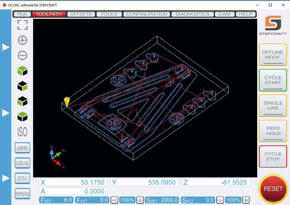 M04 Machine Control 19 MACHINE CONTROL WITH UCCNC During milling, the TOOLPATH view displays the current tool position along with the current spindle speed and feed rate values.