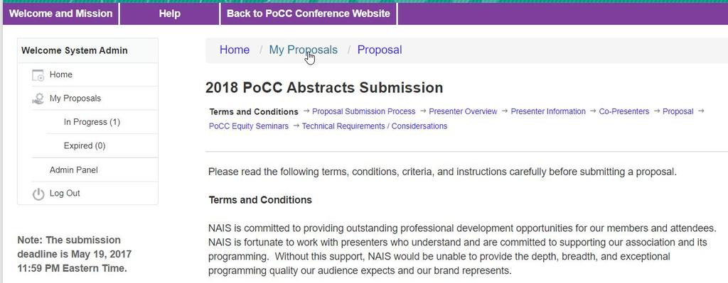 3. Once you have logged in you will be taken back to the PoCC site to submit your proposal and all pertinent information laid out below in the Submit an Entry section. Submit an Entry 1.