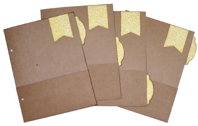 Cut four 1¾ x 2 1 8 banners from B-side of Sunlit Petals and adhere to fronts of all kraft tabbed