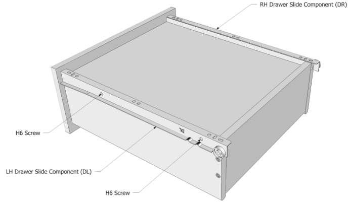 EPSOM E7106C 12 STEP 3. Turn the drawer upside-down as shown and attach the Drawer Slides (DR and DL) with the four H6 Screws as shown below. Each slide requires two screws.