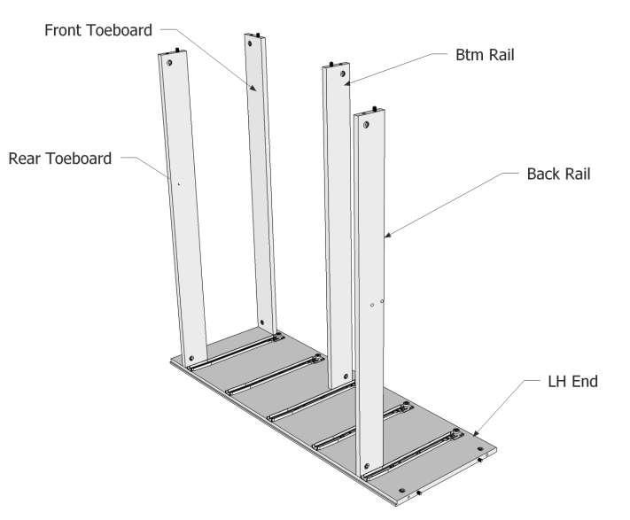 EPSOM E7106C 7 STEP 1 Take the LH End, the Toeboards and Rails. ASSEMBLE THE UNIT Position the Rails and Toeboards over the Connecting Bolts installed in the End take note of the drawing below.