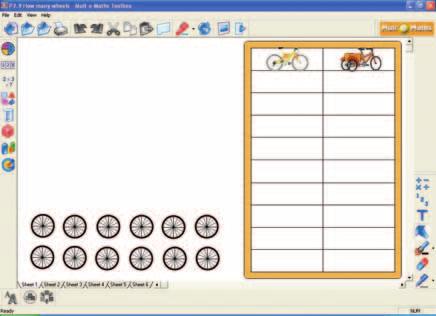 Invite a child to drag the 12 wheels into groups of 2 to demonstrate that you can make 6 bicycles.