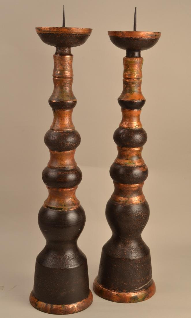 Title: Afterglow Candlesticks (13-022) Created: September 2013 Materials: Maple, lacquer, copper leaf, iron nails, soil (dry Georgia red clay) Dimensions: 22.