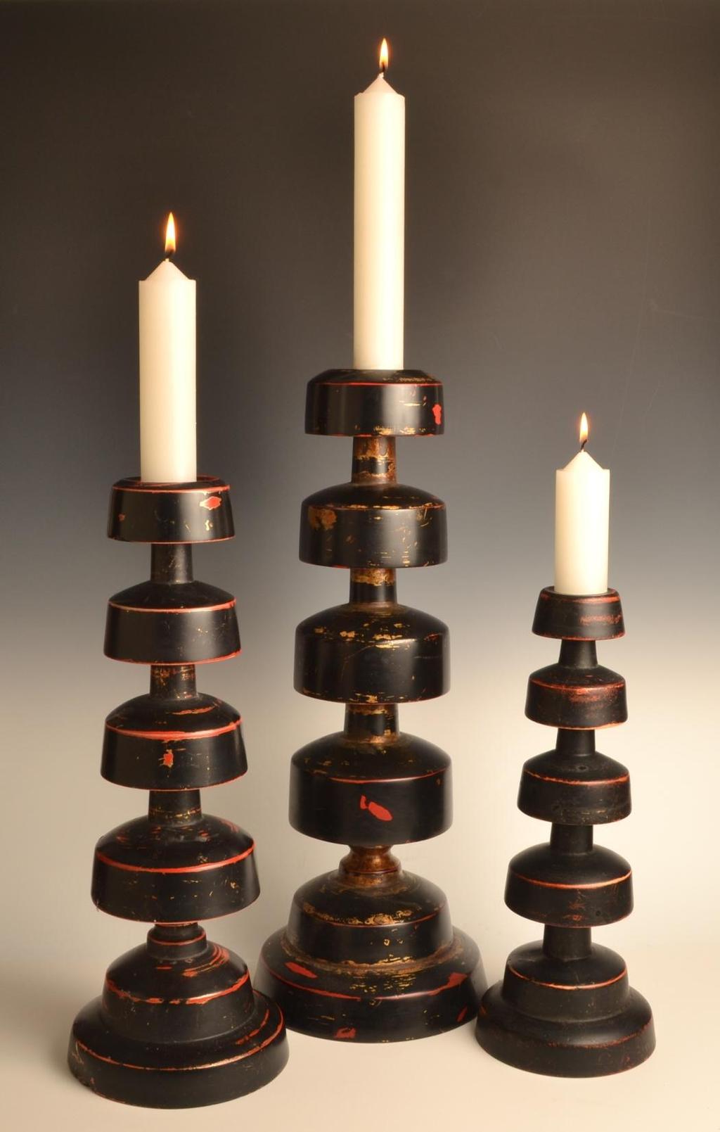 Title: Ceremonial Candlestick Trio (15-006) Created: July 2014 Materials: Mahogany, 23k gold leaf, lacquer Dimensions: 19 h X 7 w, 17 h X 6.