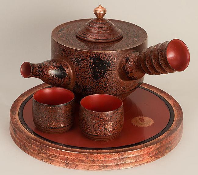 Title: Copper Tea (13-028) Created: June 2013 Materials: Cherry, maple, pine, copper leaf, lacquer Dimensions: Tea pot - 6 h X 10 w X 6 d Retail Price: $2,950 This piece is finished in