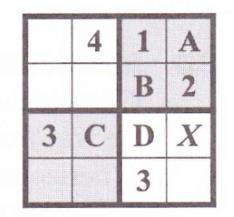 4A Strategy: Use reasoning. First fill in the boxes labeled A and B which must contain the numbers 3 and 4. A is not 4, so A must be 3 and B must be 4. Next fill in box D with a 2. Then C is 1 or 4.