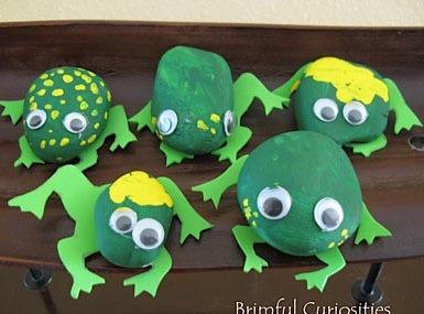 Frog Pet Rock Green foam Green and yellow Bio-paint Rocks Wiggle eyes Tacky glue Paint brushes Gather rocks Cut a supply of green