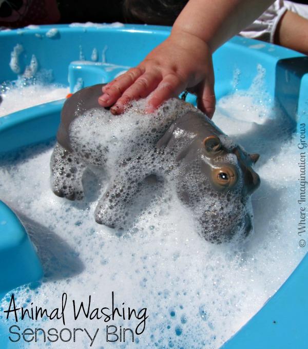 Wash the Animals Toy animals Shallow bins Water Soap Toothbrushes or tiny sponge pieces Gather toy animals you have in the center Fill