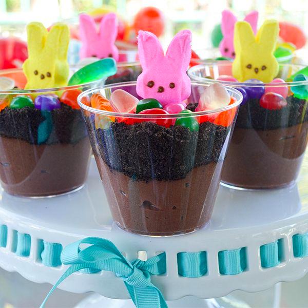 Edible Rabbit in Dirt Oreo cookies Milk Chocolate pudding mix Rabbit peeps Large Ziploc bag Rolling pin Large bowl Clear cups Spoons Purchase materials Make pudding according to package Let