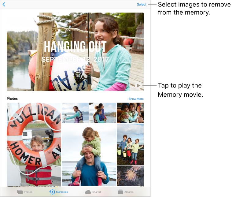 View an albumʼs memory. Tap an album you created, then tap. To add it to Memories, swipe up, then tap Add to Memories. Save a memory to the Favorite Memories album.