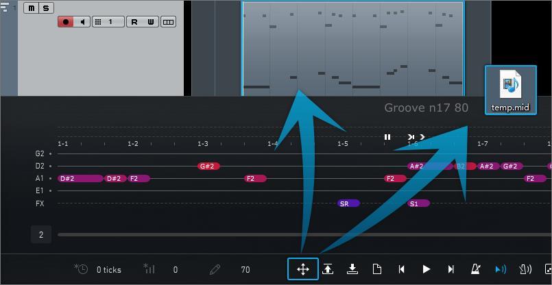 1.7.2 Export Riff to MIDI Drag the riff to MIDI track, or generate a MIDI file *The Export Mode