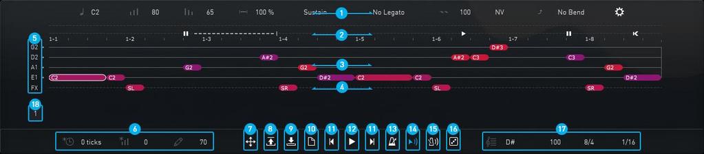 1 Riffer 1.1 Overview of Riffer Panel 1. Note Properties Line 2. Expression Line 3. String Roll 4. FX Noise Line 5. Tuner: The Pitch of Each Open String 6. Global Properties 7. Drag MIDI to Host 8.