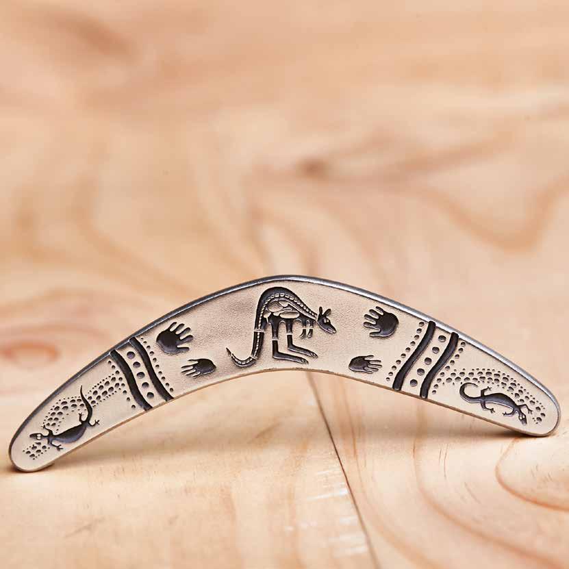 SOUVENIR BOOMERANG The pewter souvenir boomerang is available in 6 designs; lizard, turtle, kangaroo, platypus, echidna & fish which reflect
