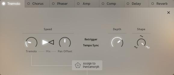 The Effects pop-up dialog contains a number of sound processing and effect tools to shape your sound. All effects are daisy-chained from left to right. Inactive effects are bypassed.