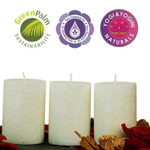 Burning time 18-20 hours 100% natural stearin (palm oil) Price: 10.00 Candles Stearin 3 (Earth) Fair Trade & Green Palm certified Cardboard gift box with three stearin coloured candles.