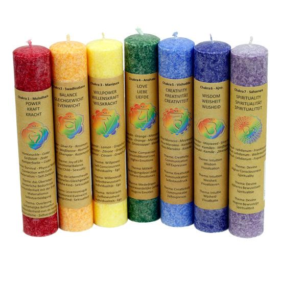 Page 5 Chakra Fragrance Dinner Candle Set of 7 Burning time each candle: 8-9 hours. Each candle comes with a colourful sticker in 5 languages.