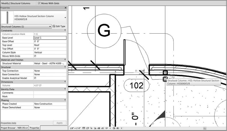 Adding Structural Col umns 3 7 1 16. Click Modify. 17. Select the column you just placed (column F-G). 18. In the Properties dialog, make sure Top Level is set to Up To: Roof, as shown in Figure 8.