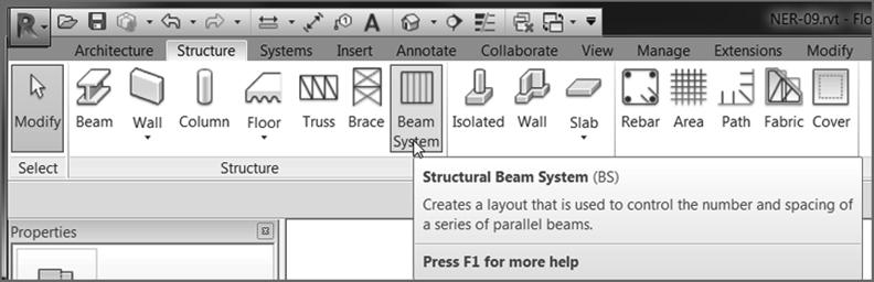 Using Structural Framing 381 To create a beam system, follow along with these steps: 1. On the Structure panel of the Structure tab, click the Beam System button, as shown in Figure 8.