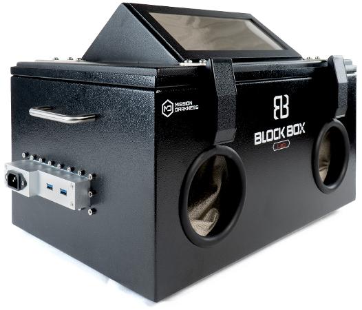 5"W x 3"H M DFB-BBT Block Box Tou ch Portable analysis enclosure with fully shielded glove/pocket to operate devices, transparent viewing window, multiple layers of high-shielding fabric, dual paired