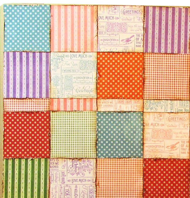 2. Create a patchwork pattern on the front cover of the Kraft Mixed Media album by arranging the printed squares in rows of four.