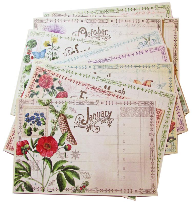 Using the Time to Flourish 3 Cling Stamp set, stamp each of the twelve (12) Time to Flourish Ephemera Cards selected