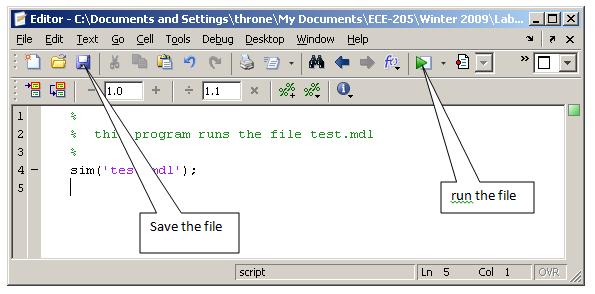 Figure 17: Save and Run an m file 8. To see that this is working, in the MATLAB workspace type clear, then who. There should be no variables in the workspace. 9. Then run m-file Lab1_driver.