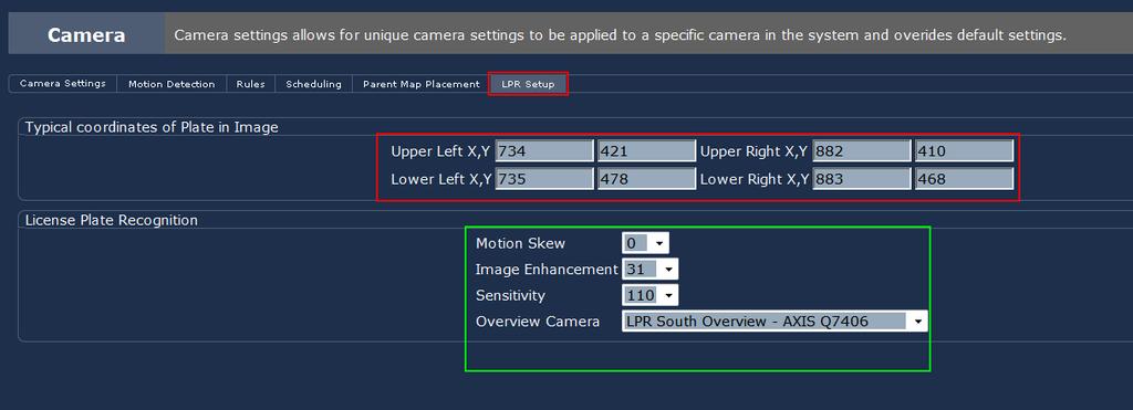 LPR SETUP IN ESM ADMIN UI: The Typical coordinates of Plate in Image: These settings will mirror the settings you end up with after using the LPR Console utility to find the ideal settings based on