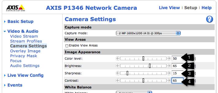 Under Video & Audio Camera Settings set the following: Image Appearance: 1. Set Color level to 50 2.