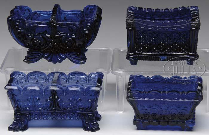 Lot 2005 FOUR BLUE LACY GLASS SALTS 1) Neal DI-1 in sapphire. Neal does not list this salt in sapphire.
