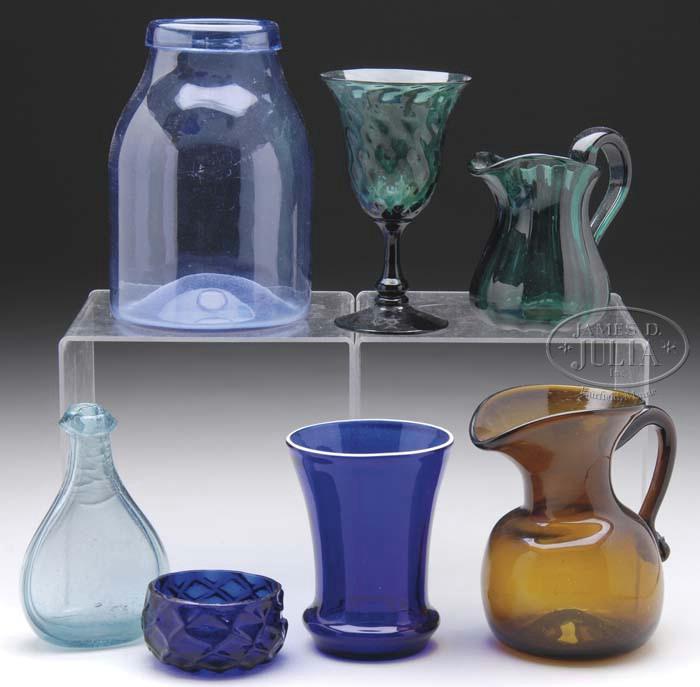 Estimate: $ 500-800 Sold for: $ 2478.00 Lot 2050 SEVEN EARLY BLOWN PIECES 1) 6-1/2" cornflower blue jar with folded lip. 2) 4-1/2" cobalt blue tumbler with white rim. 3) 5" aqua gemel flask.