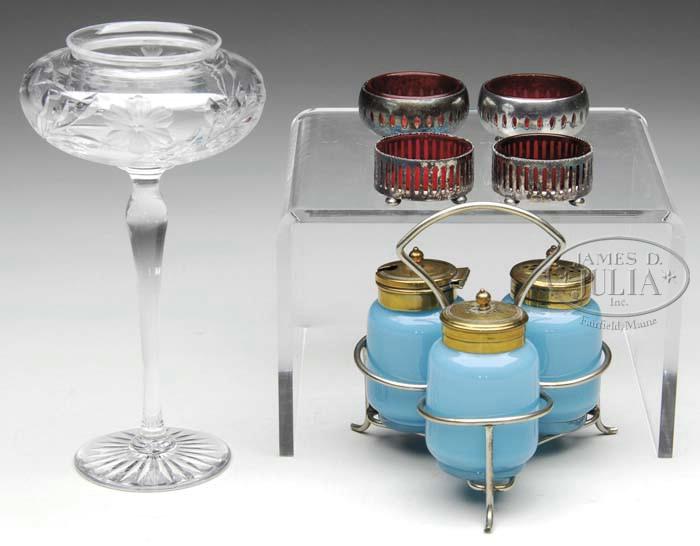 Lot 2166 LOT OF ART GLASS Nice lot includes a pedestal cut glass vase with flower decoration and star cut foot, four open salts with cranberry inserts and silver plated frames; two frames marked