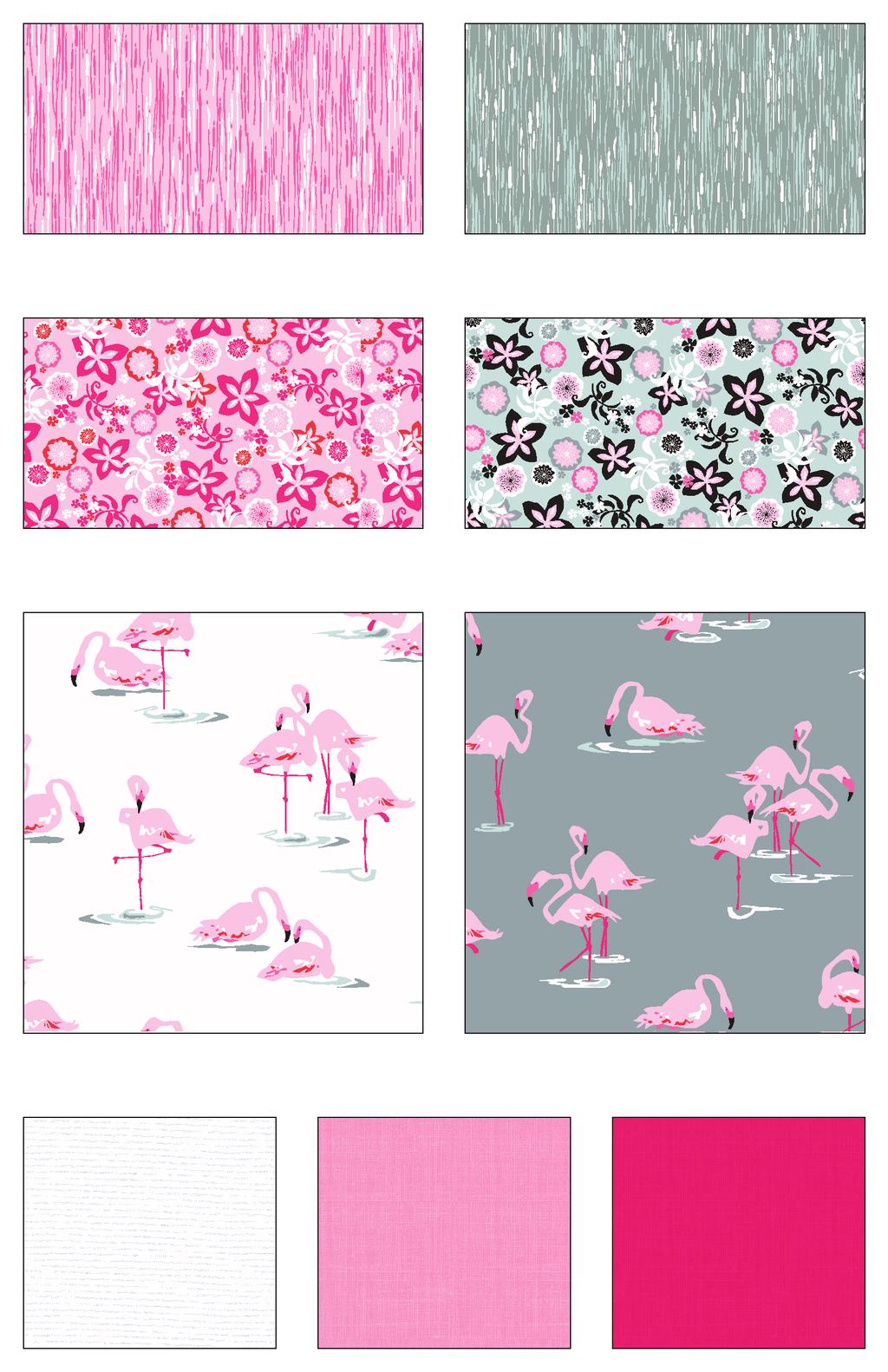Flamingos FABRIS BY JANE IXON 7669-E 7/8 yd (includes binding) 7669-1/2 yd 7668-E 7/8 yd 7668-3 1/2 yds (includes backing) 7667-E 1/3 yd 7667-1 1/2 yds Fabrics shown are 25% of actual size.