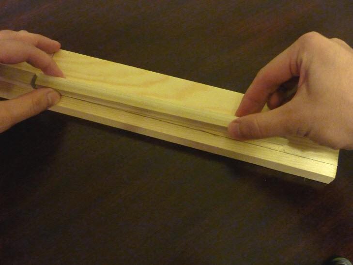 You should then have two, 10 long square dowels each with a straight, factory edge and a 45*