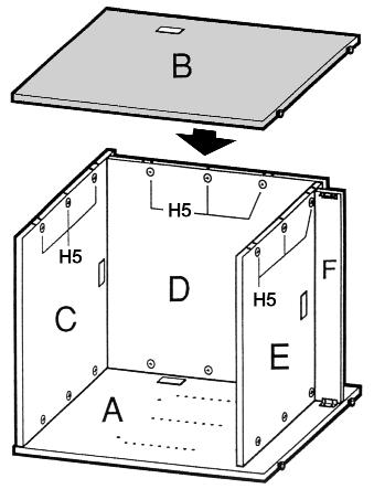 #10 Position the bolts and dowels of the Right Side (B) onto the unit and turn cams (H5) clockwise to lock in place.