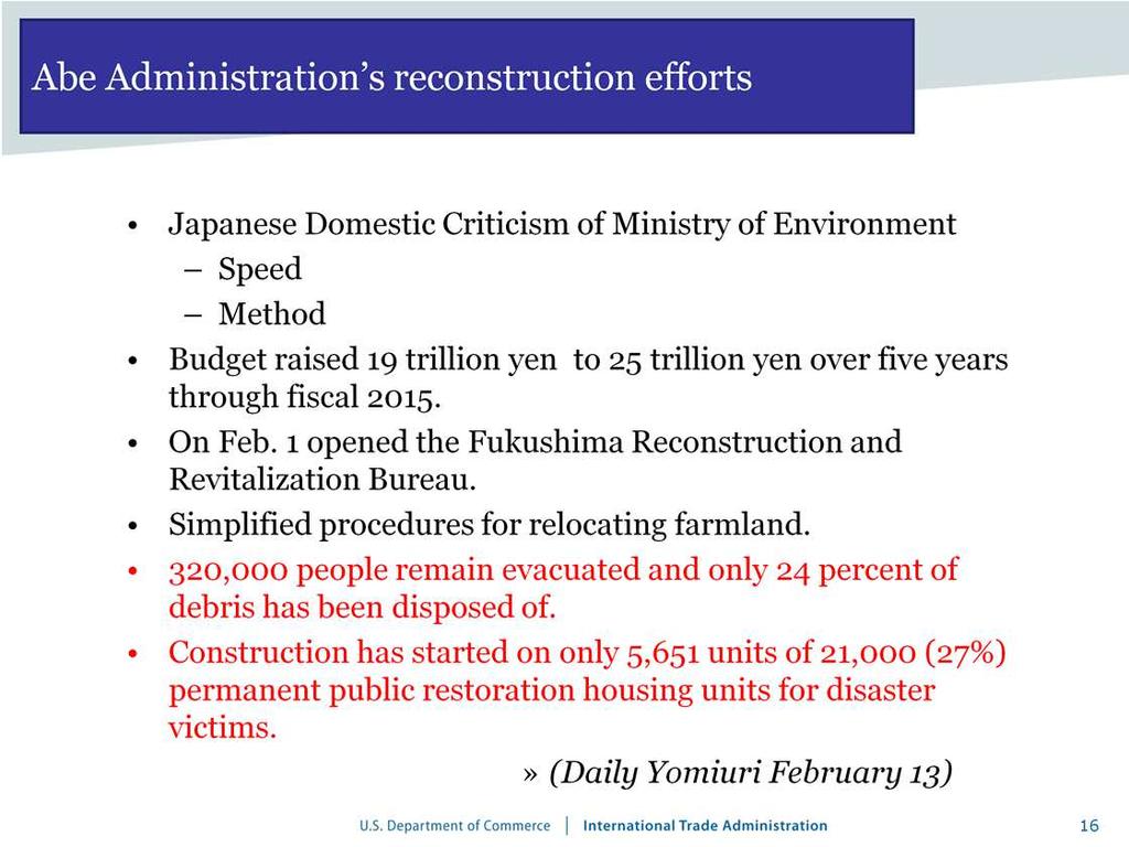 Budget for restoration raised 19 trillion yen to 25 trillion yen over five years through fiscal 2015. On Feb.
