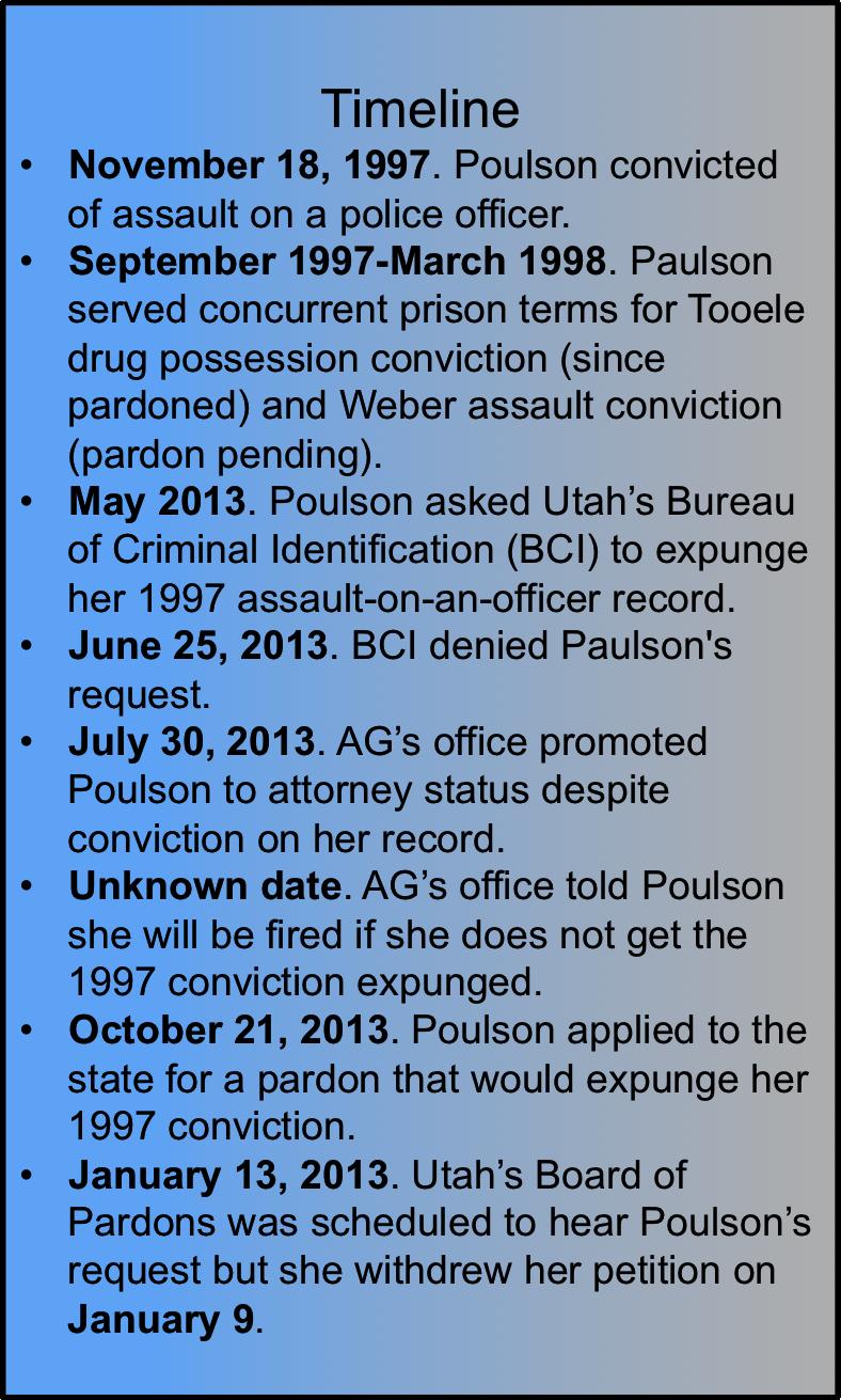 It calls into question how Poulson was hired in the first place, in 2004 by the AG s office in disregard of her criminal past.