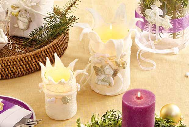 Deco ideas Lanterns Different ribbons are wrapped around cream felt-covered lanterns and then small FIMO elements are added for decoration.