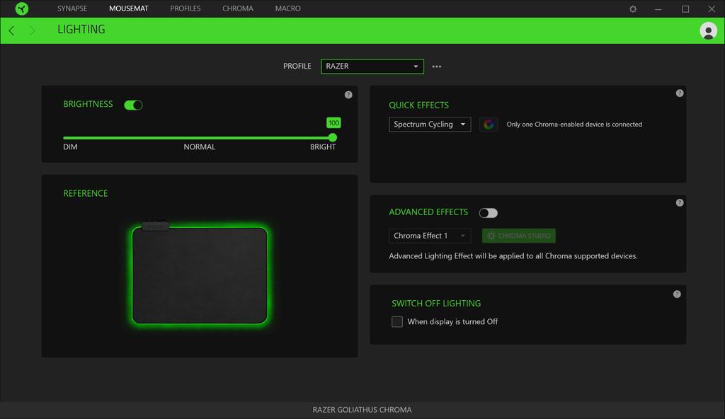 MOUSE MAT TAB The Mouse Mat tab is the main tab for your Razer Goliathus Chroma. From here, you can change your device s settings such as Profiles and lighting.