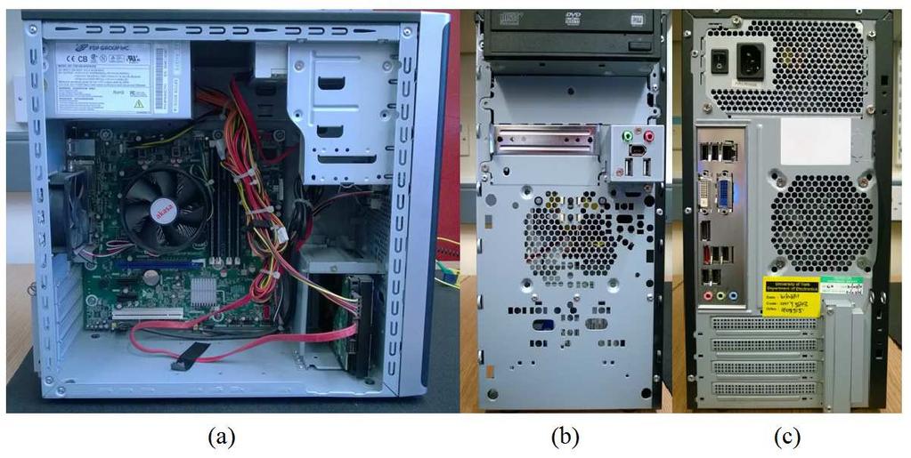 Fig. 1. Photos of the computer under test. () Side view (without side pnel). (b) Front view (without cover). (c) Rer view. Section II provides the detils of the computer.