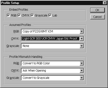 Entering Profile setup information 1. Choose File, Color Settings, and Profile Setup. 2. At the Assumed Profiles (RGB), choose the ICC monitor profile you have selected in RGB Setup.