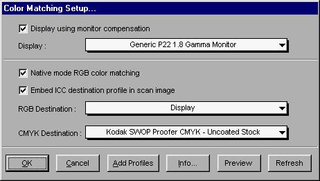 Color Matching Setup To keep color consistency between the scanner, monitor, and printing device, ScanWizard Pro applies Kodak CMS (Color management system) with ICC (International Color Consortium)