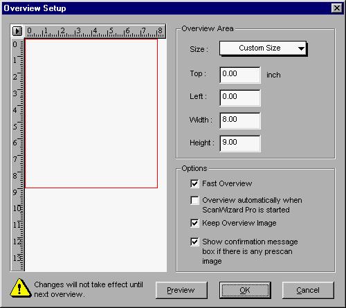 Overview Setup Specifies overview scanning speed options and the overview area for executing the