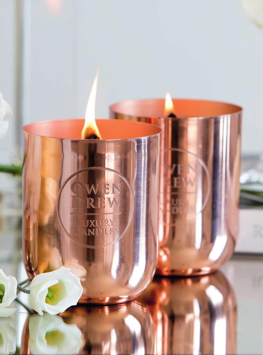 Owen Drew Rose Gold Collection Beautifully gift boxed and set in copper vessels, engraved by artisans in India, these limited edition pieces come in three stunning scents: Rose Velvet & Oud, Pink