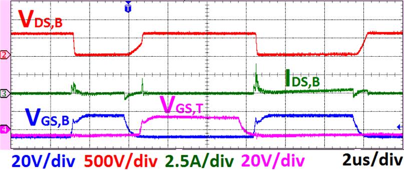 at large DUT voltage and zero current with complementary pulse applied to S T. shows standard double-pulse test circuit employed, where device under test (DUT) is bottom IGBT S B.