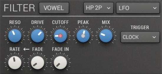 LFO LFO lets you modulate between 2 filter frequencies or 2 vowels in Vowel Mode. Like with the envelope you select a start frequency (Cutoff) and a destination frequency (Peak).