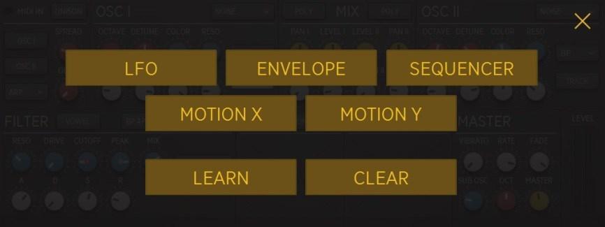 White: are modulation-related parameters Red: are midi-related parameters Blue: are general sound design parameters Yellow: are amplification parameters.