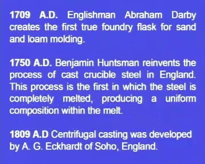 (Refer Slide Time: 06:11) And in 1709 AD, Englishman Abraham Darby created the first foundry flask for loam moulding.